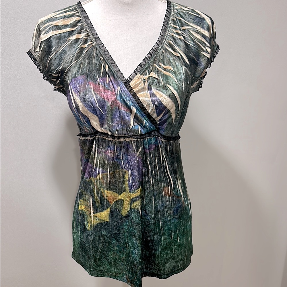 Vintage V Neck Short Sleeve‎ Blouse Size XL Juniors RETRO